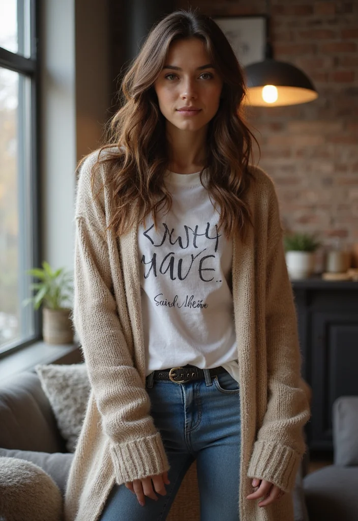 20 Easy Casual Winter Fashion Outfits for Those Who Want to Look Good with Minimal Effort! - 15. Graphic Tee & Long Cardigan