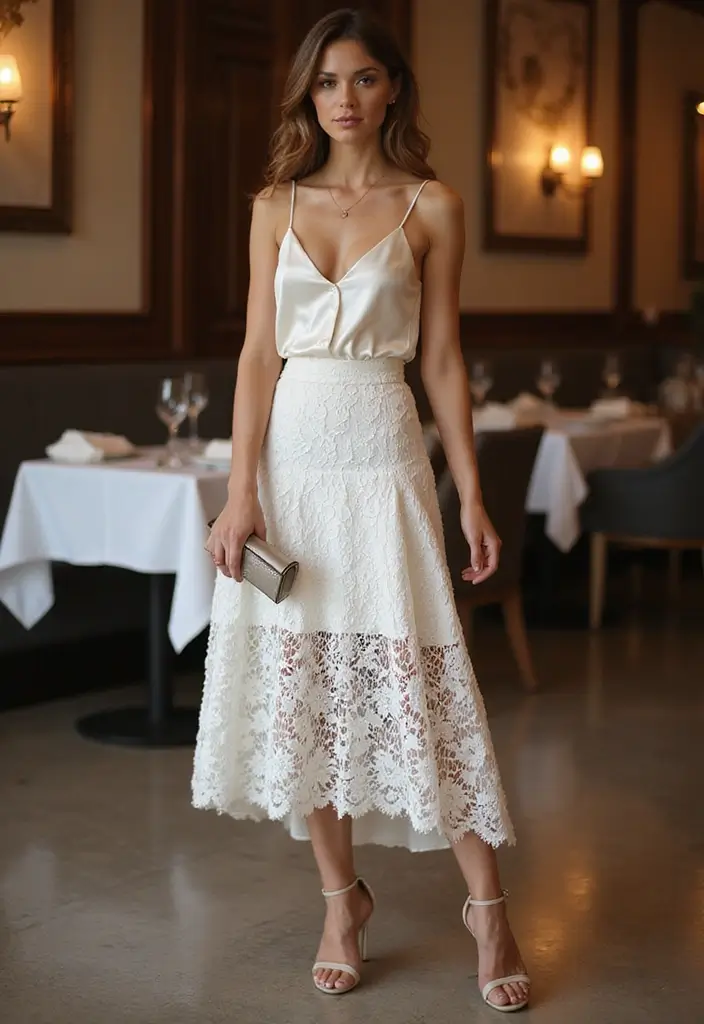 20 Stunning Ways to Style Your White Lace Skirt (You Won't Believe #5!) - 7. Elegant Evening Wear with a Silk Camisole