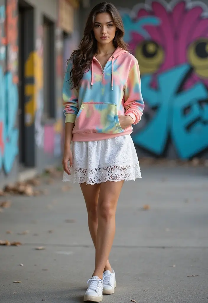 20 Stunning Ways to Style Your White Lace Skirt (You Won't Believe #5!) - 8. Sporty Chic with Sneakers and a Hoodie