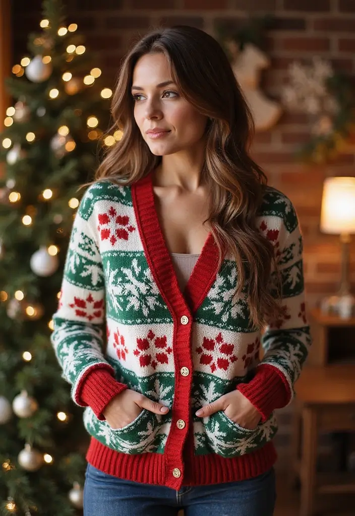 25 Stunning Christmas Clothing Ideas for Women That Will Make You Shine This Holiday Season! - 14. Holiday-Themed Cardigans