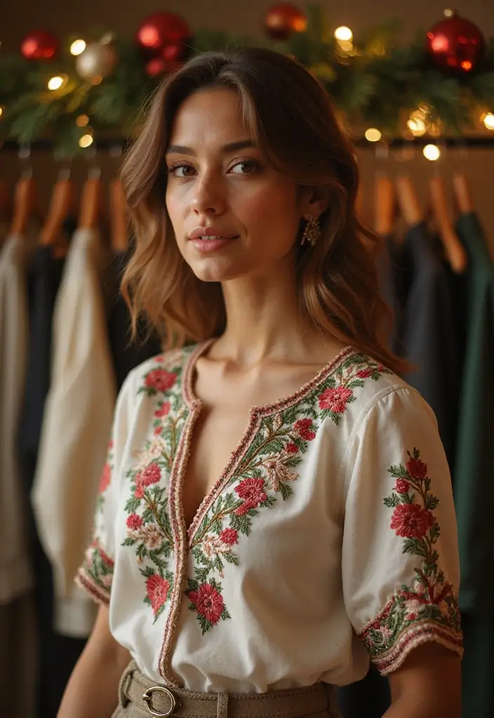 25 Stunning Christmas Clothing Ideas for Women That Will Make You Shine This Holiday Season! - 6. Embroidered Blouse