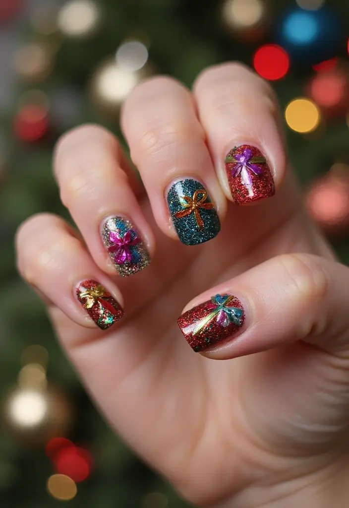 25 Stunning Christmas Nail Art Ideas That'll Make You the Star of Every Holiday Party! - 17. Glittery Gift Wrap