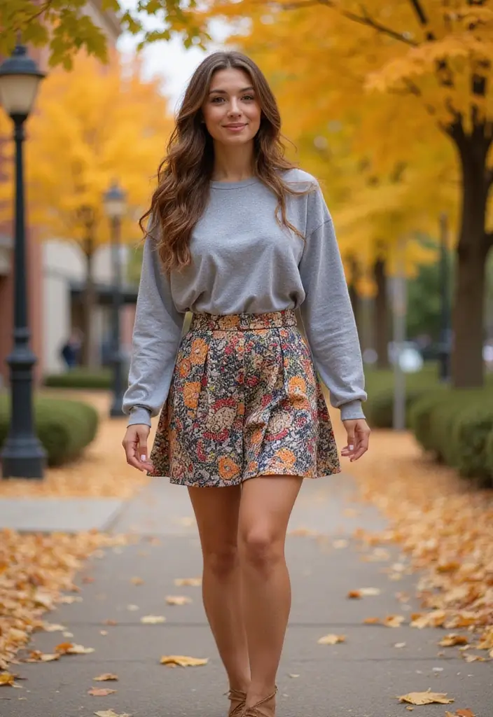 30 Stunning Fall Vacation Outfits for Women That Will Turn Heads! - 18. Skater Skirt and Long-Sleeve Tee