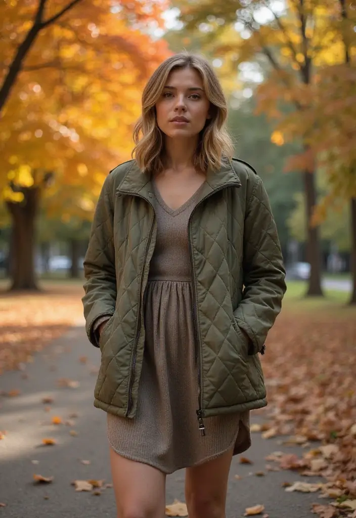 30 Stunning Fall Vacation Outfits for Women That Will Turn Heads! - 19. Quilted Jacket and Casual Dress