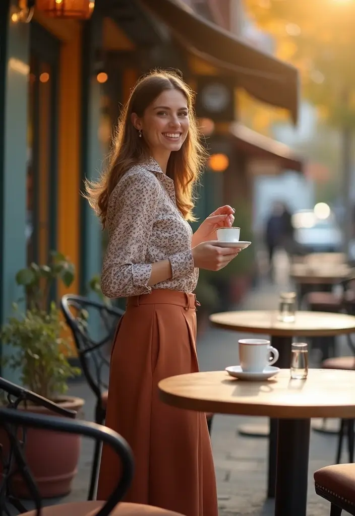 30 Stunning Fall Vacation Outfits for Women That Will Turn Heads! - 21. Tailored Culottes and Printed Blouse