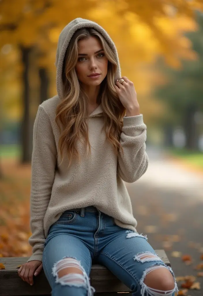 30 Stunning Fall Vacation Outfits for Women That Will Turn Heads! - 26. Distressed Jeans and Cozy Hoodie