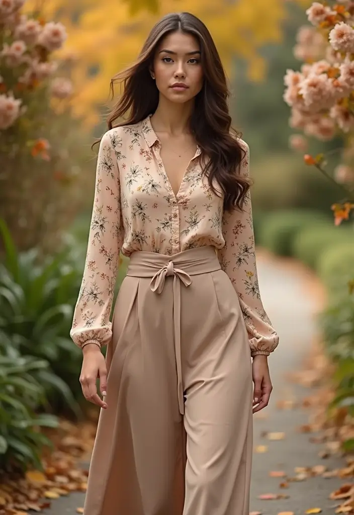 30 Stunning Fall Vacation Outfits for Women That Will Turn Heads! - 27. Floral Blouse and A-Line Skirt