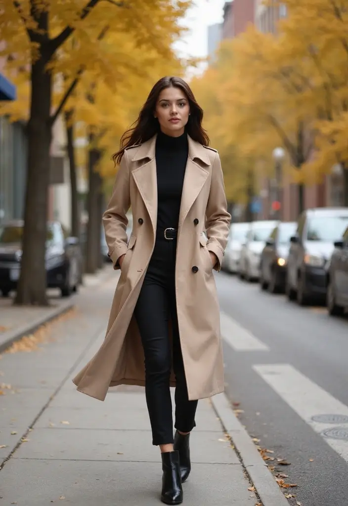 30 Stunning Fall Vacation Outfits for Women That Will Turn Heads! - 3. Chic Trench Coat and Ankle Boots