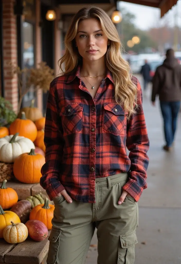 30 Stunning Fall Vacation Outfits for Women That Will Turn Heads! - 5. Flannel Shirt with Utility Pants