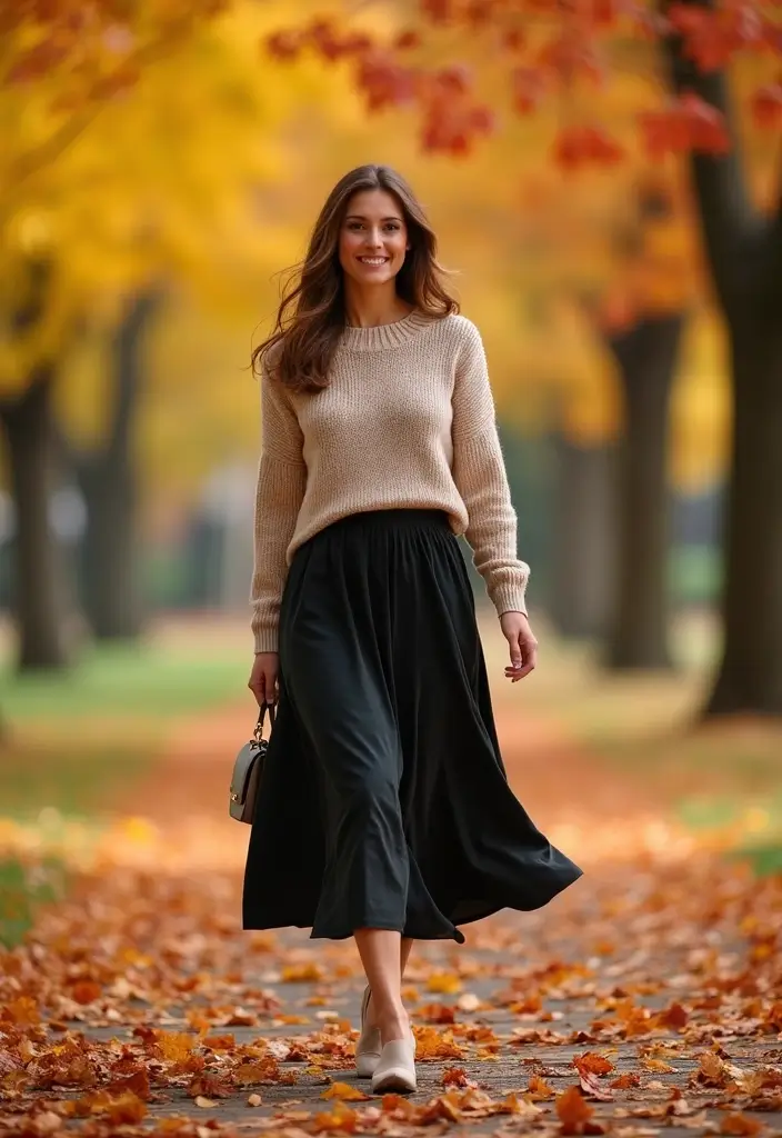 30 Stunning Fall Vacation Outfits for Women That Will Turn Heads! - 6. Elegant Midi Skirt and Sweater Combo