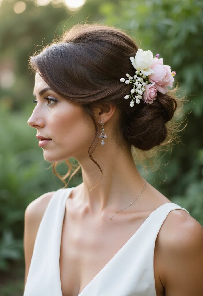 20 Gorgeous Wedding Hairstyles for Short Hair That Will Wow Your Guests! - 17. Messy Bun with Floral Accents 1