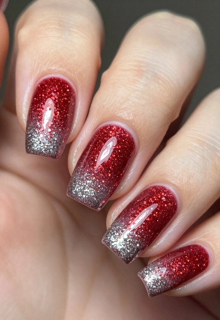 24 Glam Christmas Nail Designs That’ll Make You Shine Bright This Season! - 1. Sparkling Red Glitter Ombré 1