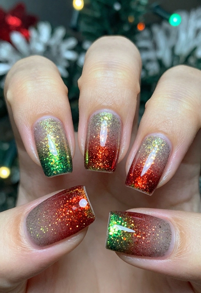 24 Glam Christmas Nail Designs That’ll Make You Shine Bright This Season! - 23. Festive Ombre with Glitter 1