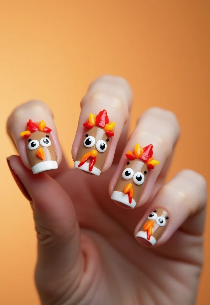 24 Must-Try Thanksgiving Turkey Nail Designs for a Festive Touch! - 4. Cute Turkey Faces