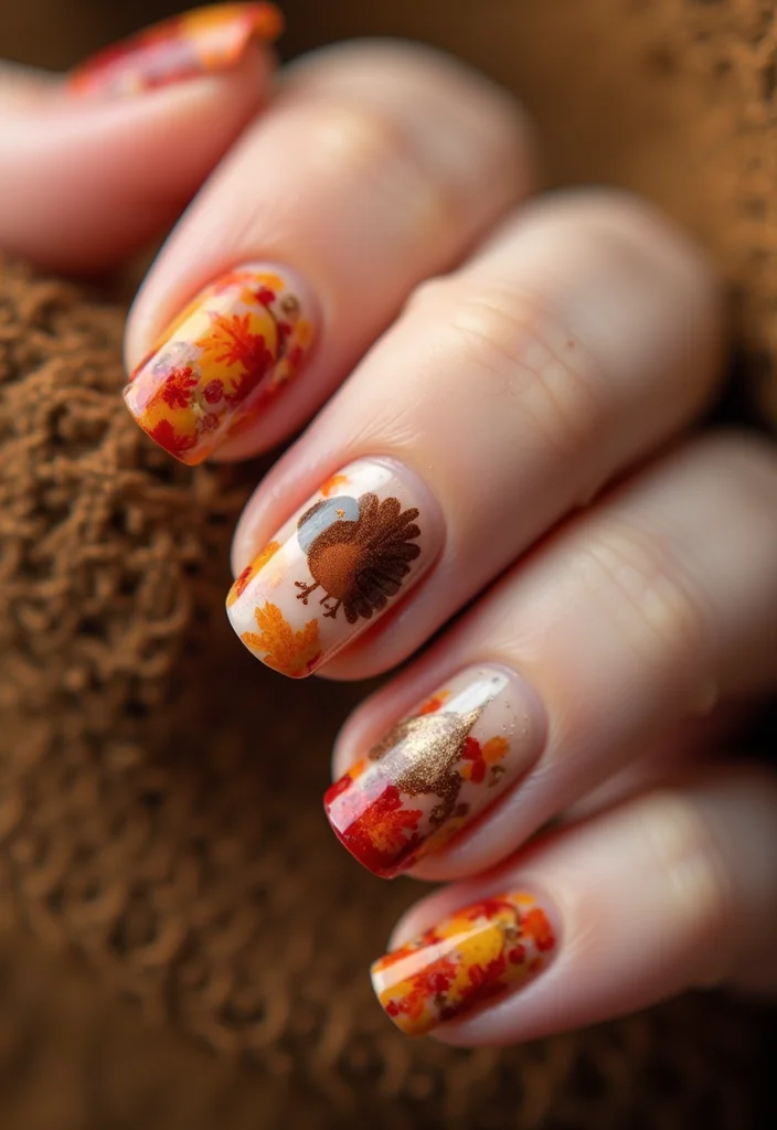 24 Must-Try Thanksgiving Turkey Nail Designs for a Festive Touch! - 5. Autumn Leaves and Turkeys