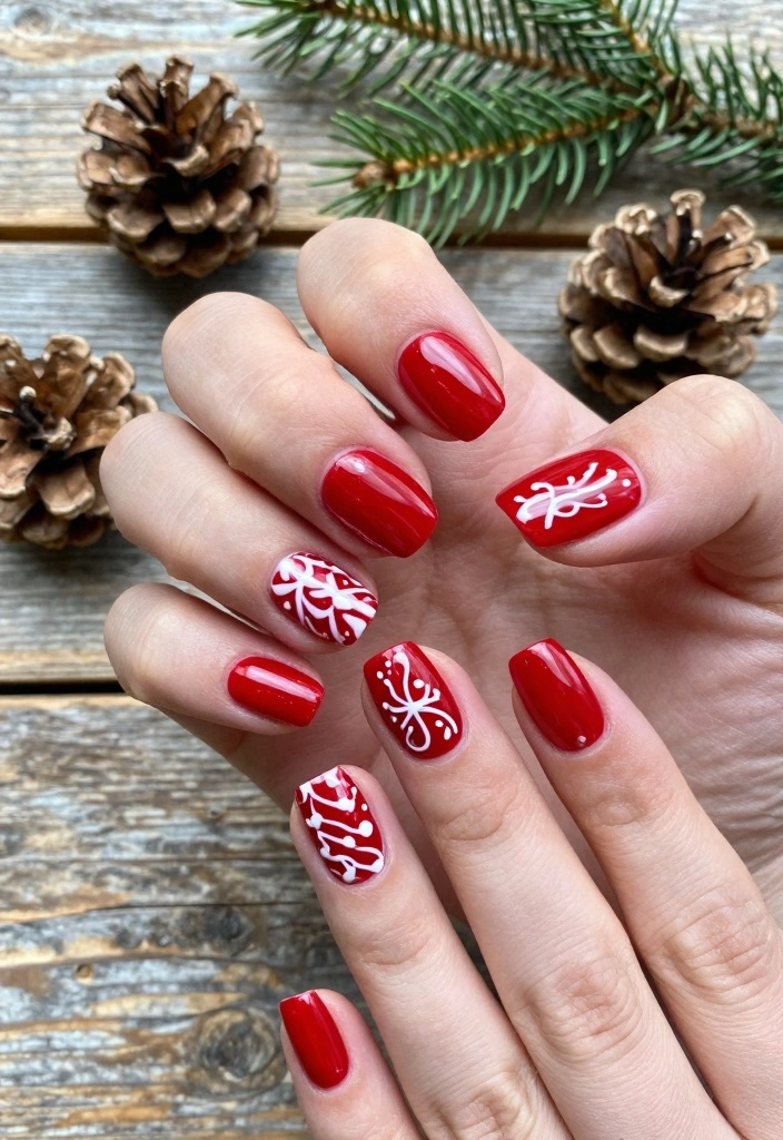 28 Stunning Boho Christmas Nails You Need to Try This Holiday Season (Number 7 Is a Showstopper!) - 3. Festive Red with White Doodles 1