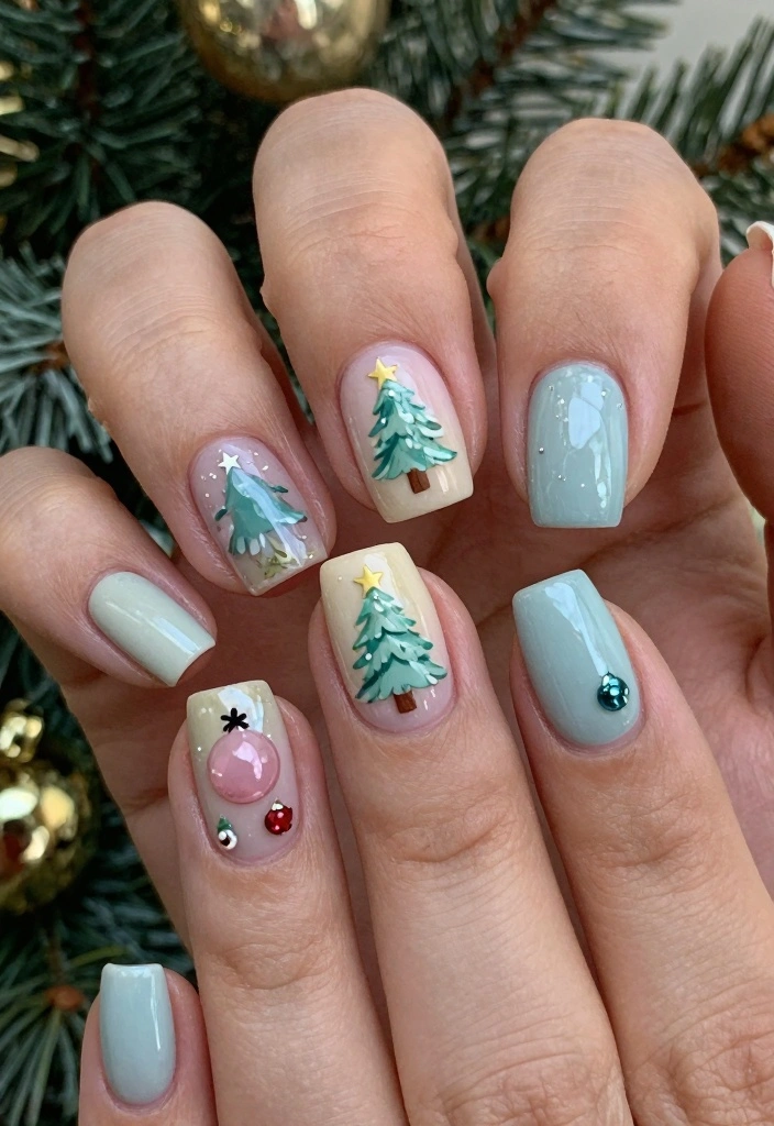 28 Stunning Boho Christmas Nails You Need to Try This Holiday Season (Number 7 Is a Showstopper!) - 6. Dainty Christmas Trees 1