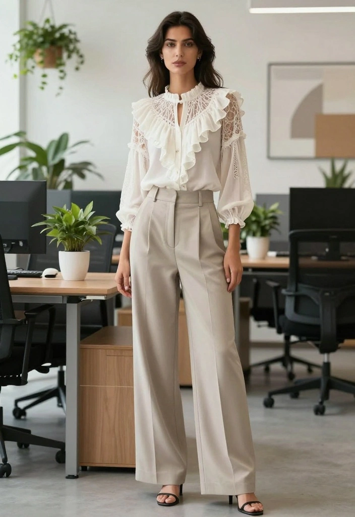 11 Simple Outfit Ideas Aesthetic for the Office That Will Make Your Boss Take Notice! - 8. Feminine Blouse with Wide-Leg Pants 1