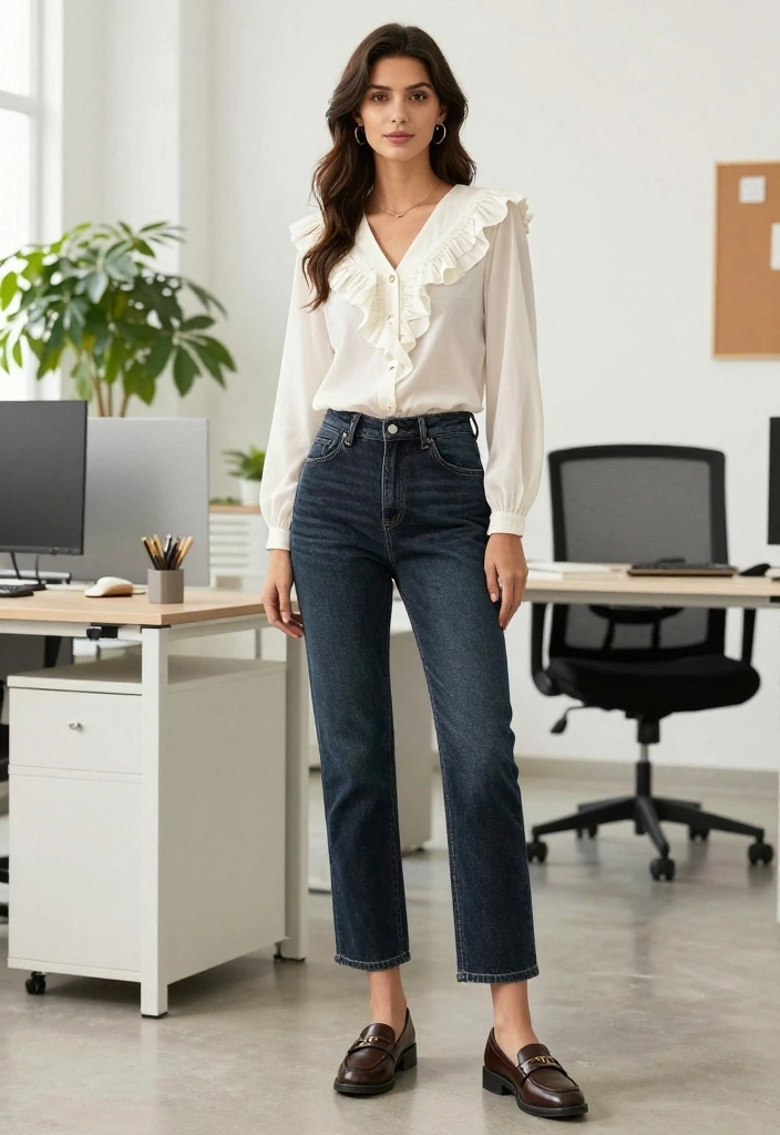 11 Simple Outfit Ideas Aesthetic for the Office That Will Make Your Boss Take Notice! - 9. Casual Chic with Denim and Blouse 1