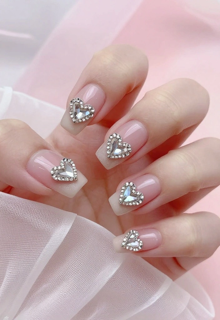 12 Chic Nude Nail Designs With Rhinestones That Are Perfect for Any Occasion! - 10. Rhinestone Heart Accents 1
