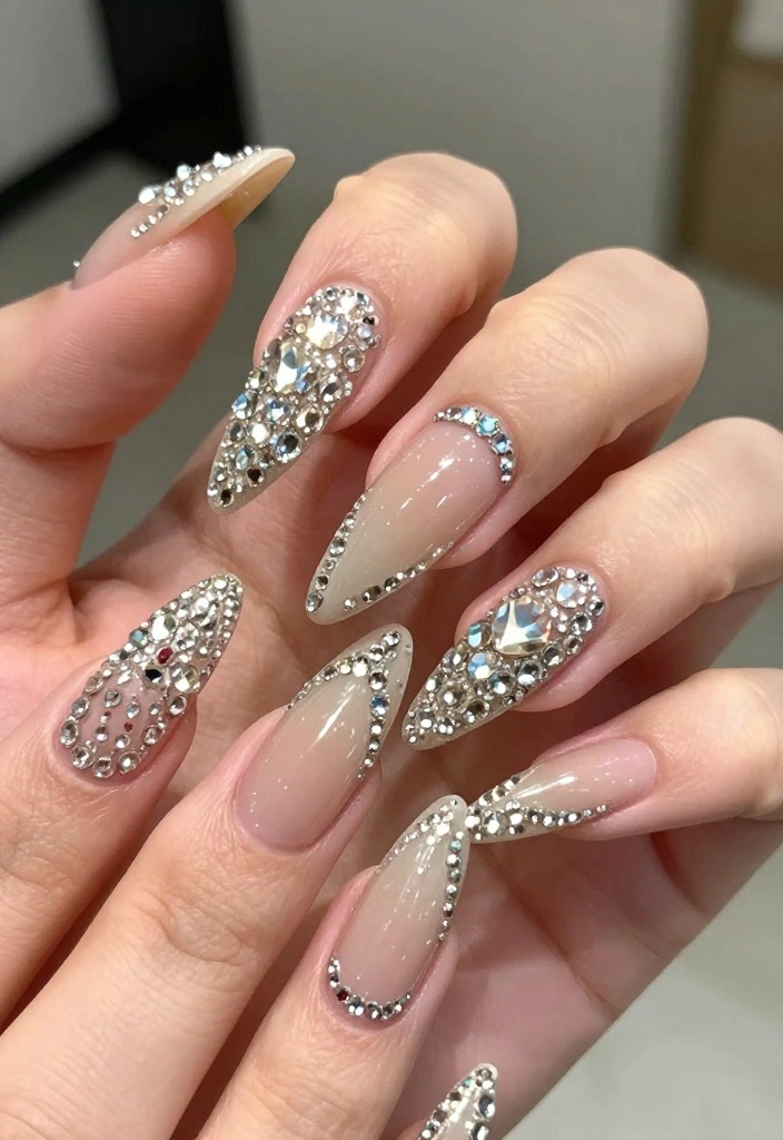 12 Chic Nude Nail Designs With Rhinestones That Are Perfect for Any Occasion! - 12. Rhinestone Stiletto Nails 1
