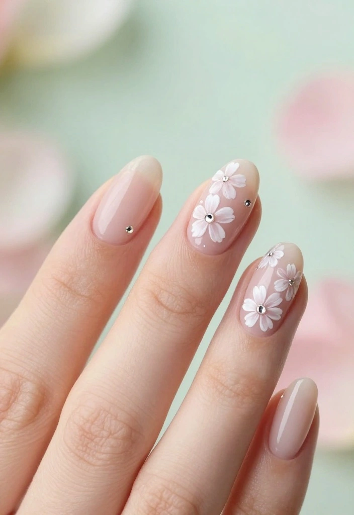 12 Chic Nude Nail Designs With Rhinestones That Are Perfect for Any Occasion! - 4. Floral Nude with Rhinestones 1