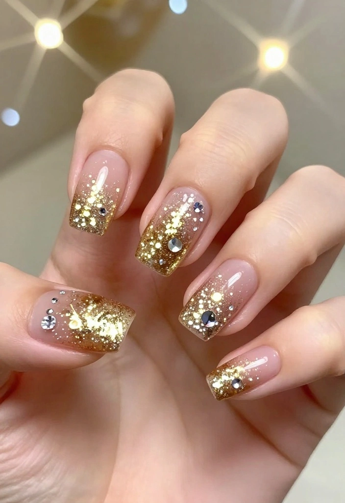 12 Chic Nude Nail Designs With Rhinestones That Are Perfect for Any Occasion! - 6. Glitter Gradient with Rhinestones 1