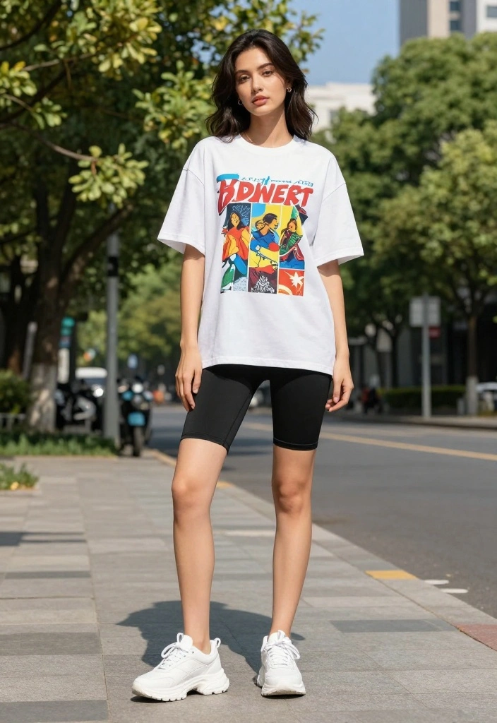 12 Summer Streetwear Outfits for Women That Will Keep You Cool and Stylish! - 1. Oversized Graphic Tee with Bike Shorts 1
