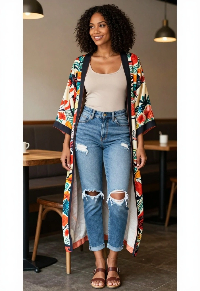 12 Summer Streetwear Outfits for Women That Will Keep You Cool and Stylish! - 10. Printed Kimono with Casual Outfit 1