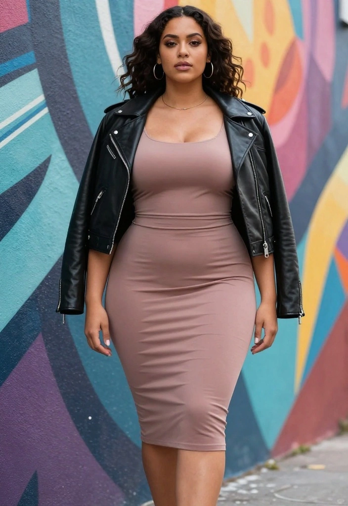 14 Curvy Outfit Ideas That Are Sure to Turn Heads (Warning: #5 Is a Showstopper!) - 9. Edgy Leather Jacket with a Dress 1