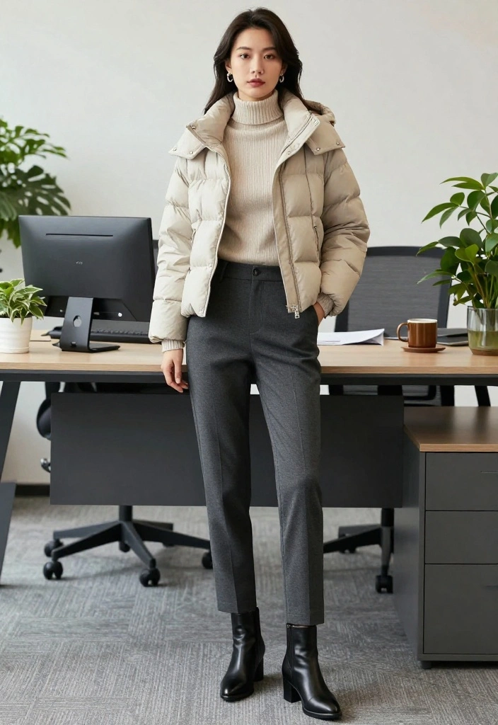 14 Stylish Winter Work Outfits That Will Make You the Talk of the Office! - 5. Smart-Casual with a Puffer Jacket 1