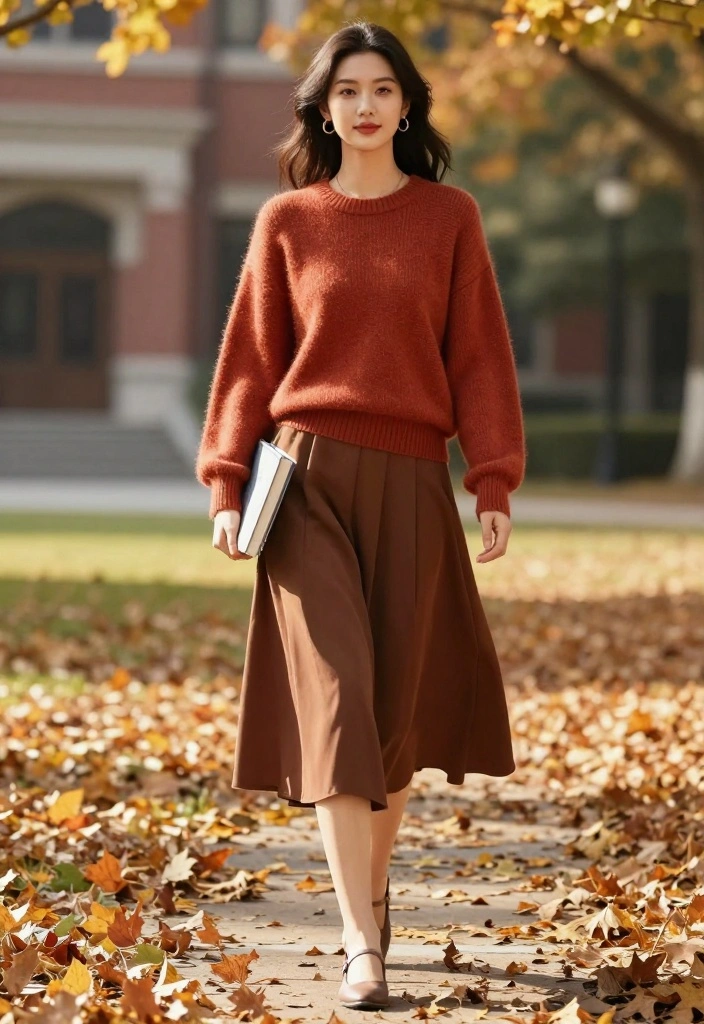 14 Sustainable College Outfit Ideas for Women That Are Both Trendy and Eco-Friendly! - 3. Sustainable Sweater & Midi Skirt 1