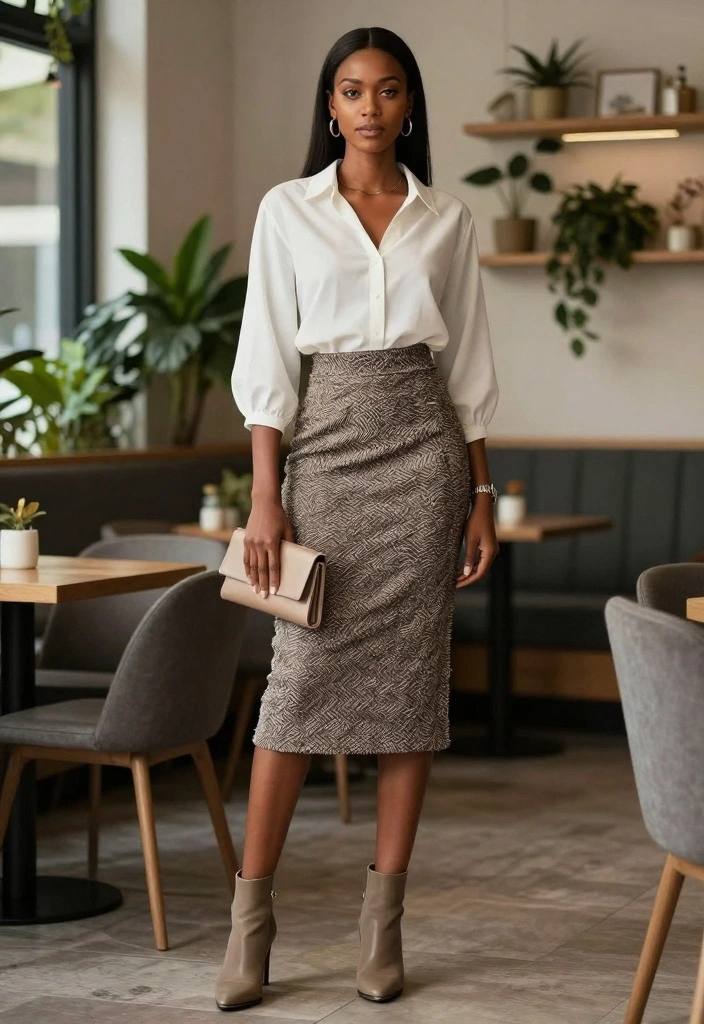 15 Effortless Chic Outfits for Women That'll Make You Look Instantly Stylish! - 9. Textured Midi Skirt and Classic Blouse 1