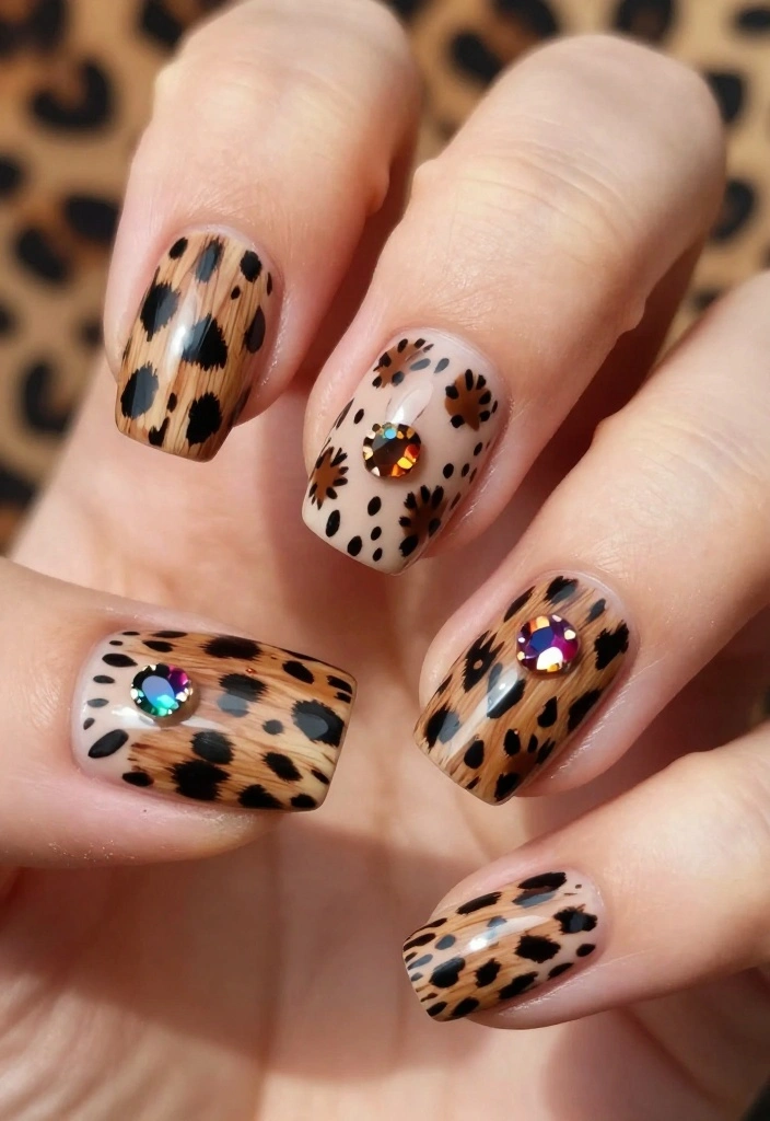 15 Gorgeous Gem Nails Simple Ideas to Elevate Your Nail Game! - 12. Fun Animal Print with Gem Details 1