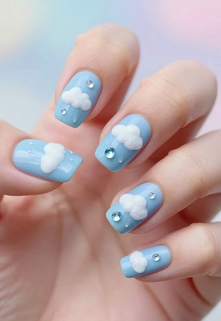 15 Gorgeous Gem Nails Simple Ideas to Elevate Your Nail Game! - 13. Whimsical Cloud Nails with Gem Raindrops 1