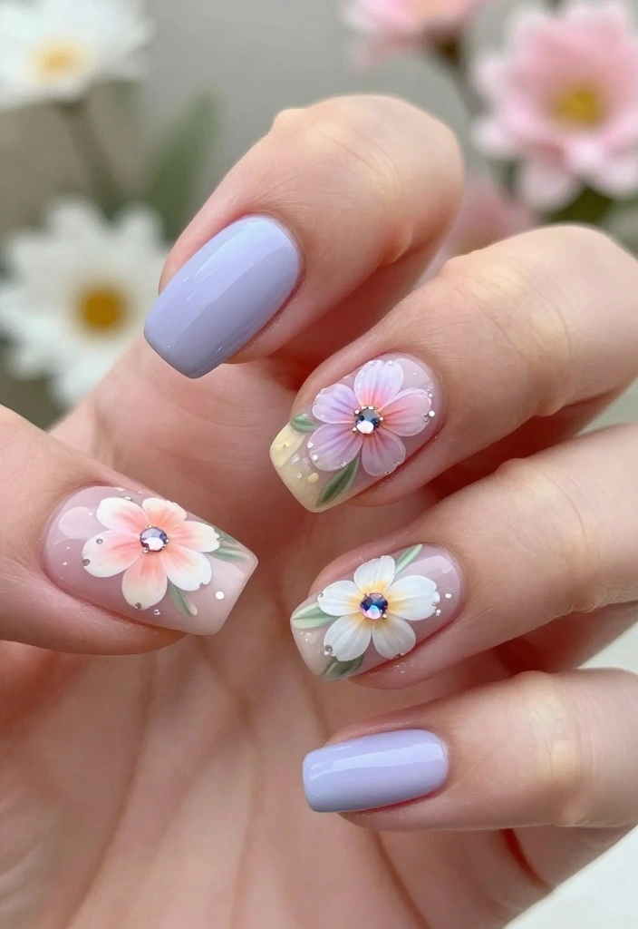 15 Gorgeous Gem Nails Simple Ideas to Elevate Your Nail Game! - 4. Floral Gem Accents 1