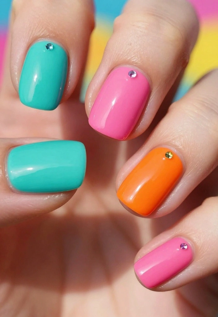 15 Gorgeous Gem Nails Simple Ideas to Elevate Your Nail Game! - 6. Color Block Chic with Gems 1