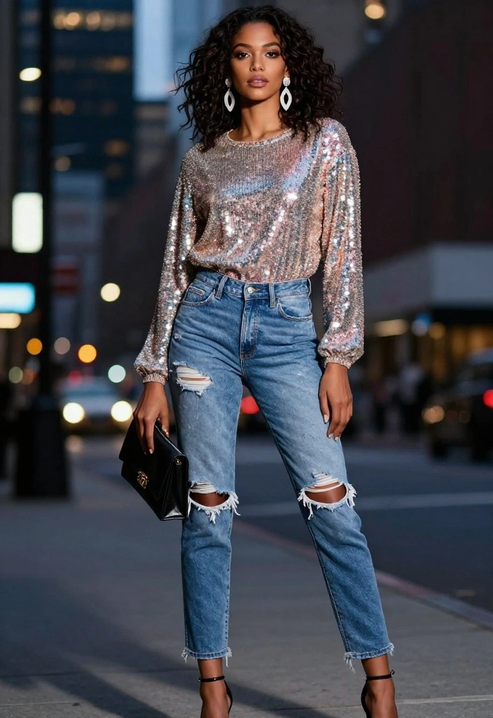 15 Must-Try Women's Party Outfit Ideas That Blend Casual and Glam! - 1. Sequined Top with Distressed Jeans 1