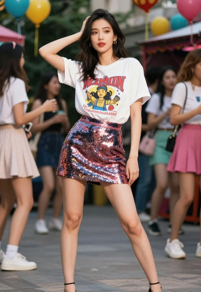 15 Must-Try Women's Party Outfit Ideas That Blend Casual and Glam! - 13. Graphic Tee with Sparkly Skirt 1