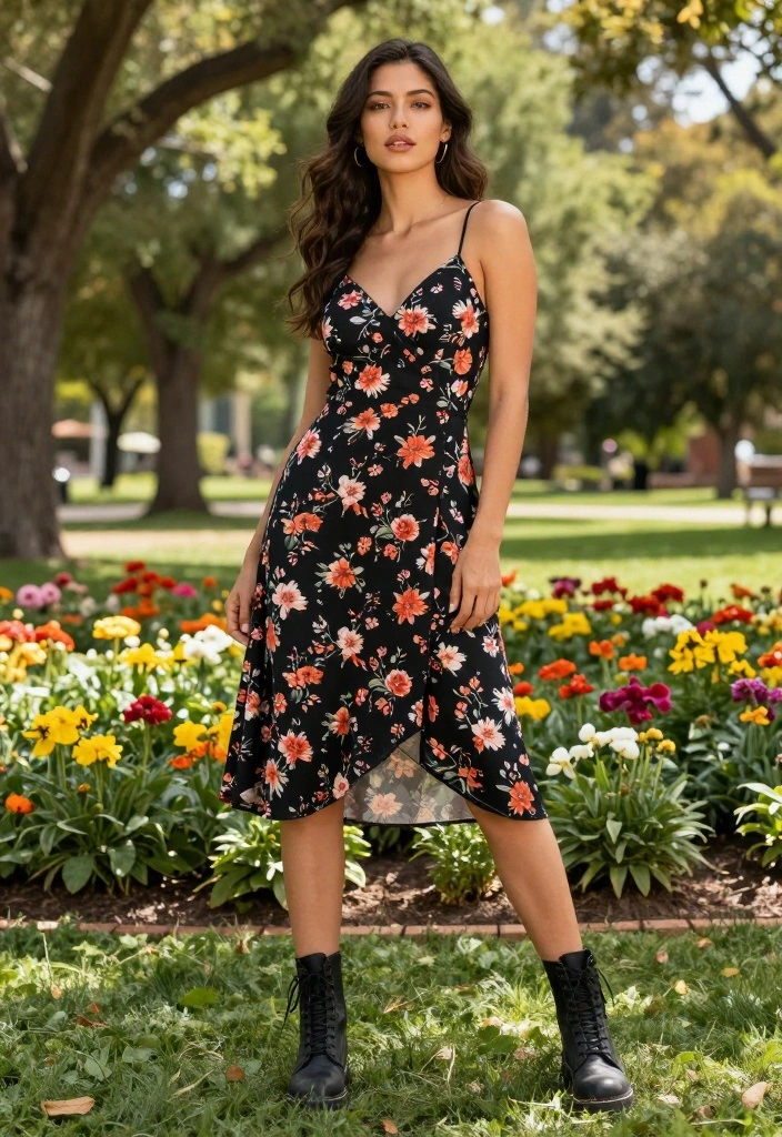 15 Must-Try Women's Party Outfit Ideas That Blend Casual and Glam! - 6. Floral Midi Dress with Combat Boots 1