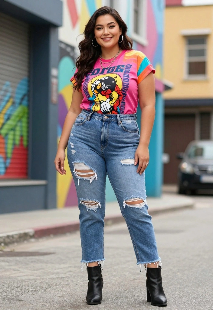 15 Stylish Plus Size Outfits That Prove Casual Can Be Chic! - 3. Denim Delight: Distressed Jeans with a Graphic Tee 1