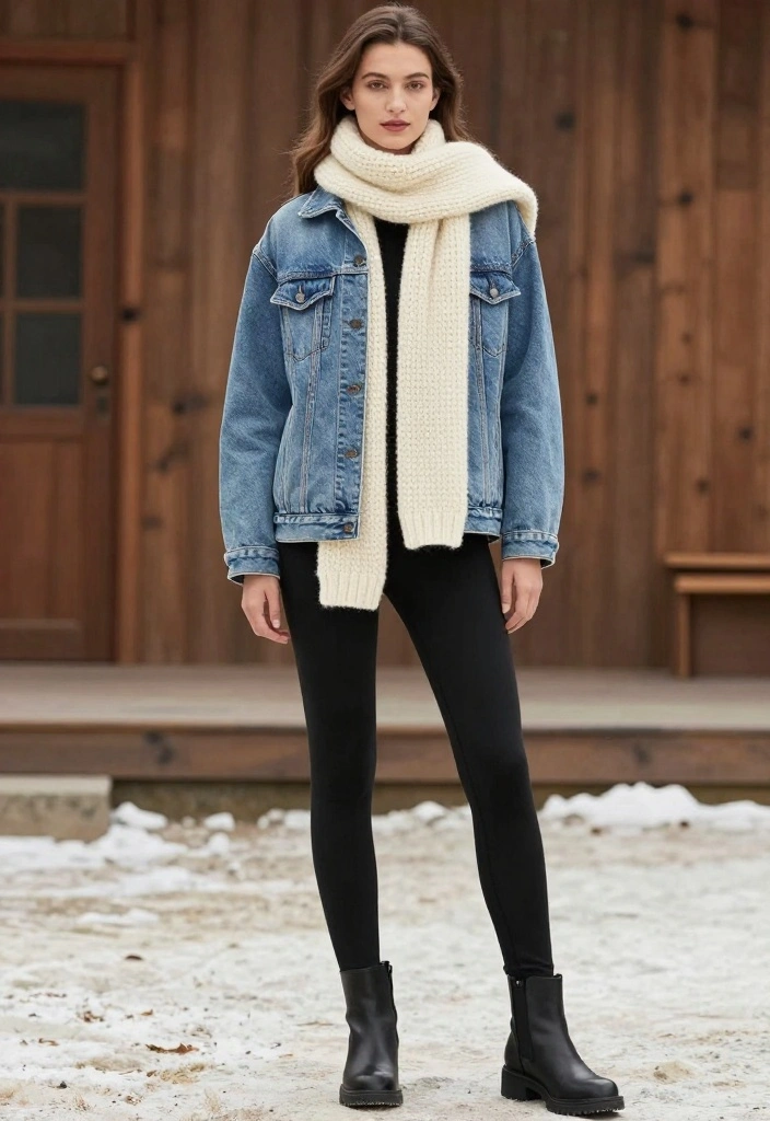 15 Winter Layering Outfit Inspo That'll Keep You Cozy and Chic This Season! - 6. Denim Jacket with Heavy Knit Scarf 1