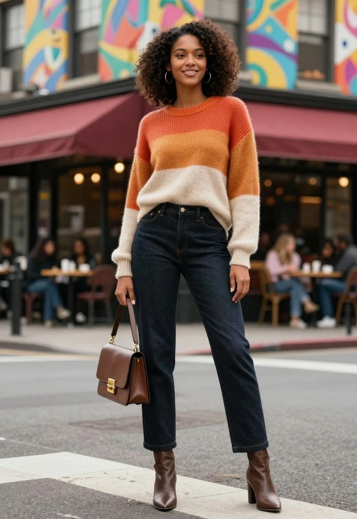 17 Chic and Casual Fall Outfit Inspirations That Will Turn Heads! - 12. Color-Blocked Sweater and Dark Denim 1
