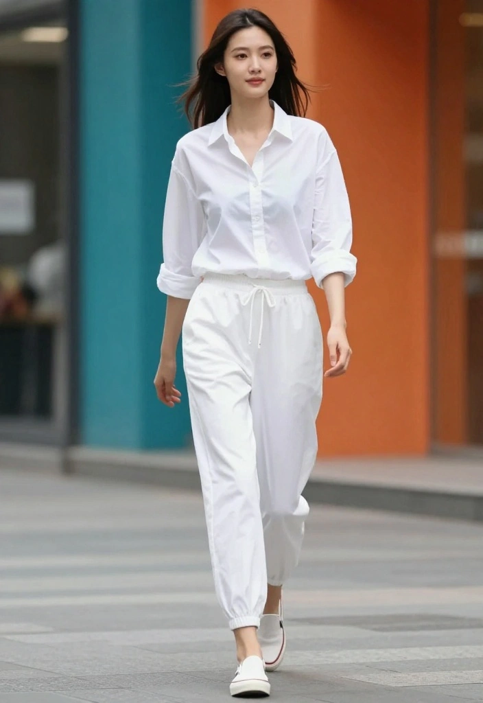 18 Casual Streetwear Outfit Ideas for Women That Are Instagram-Ready (#5 Is a Must-See!) - 10. Classic White Shirt with Joggers 1