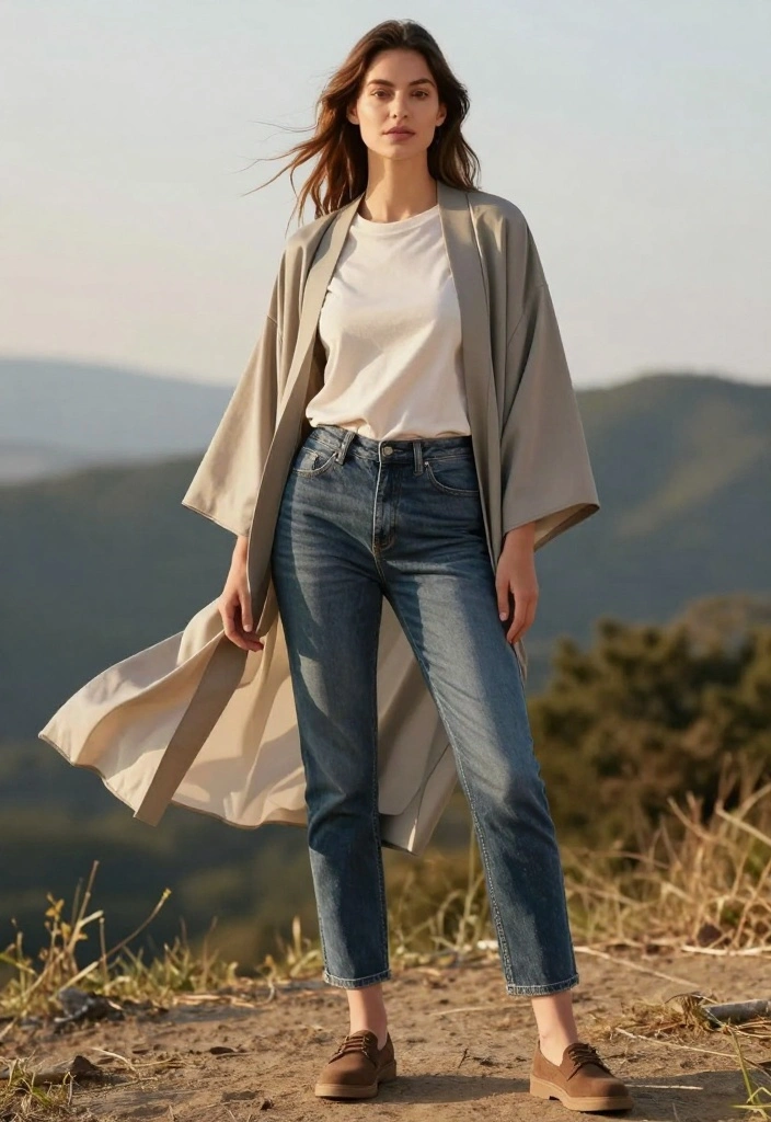 18 Casual Streetwear Outfit Ideas for Women That Are Instagram-Ready (#5 Is a Must-See!) - 14. Kimono Jacket with Basic Tee and Jeans 1