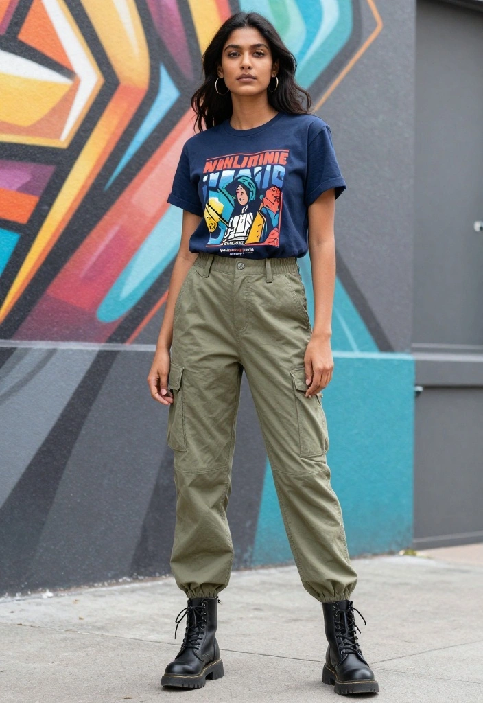 18 Casual Streetwear Outfit Ideas for Women That Are Instagram-Ready (#5 Is a Must-See!) - 2. Graphic Tee with Cargo Pants 1