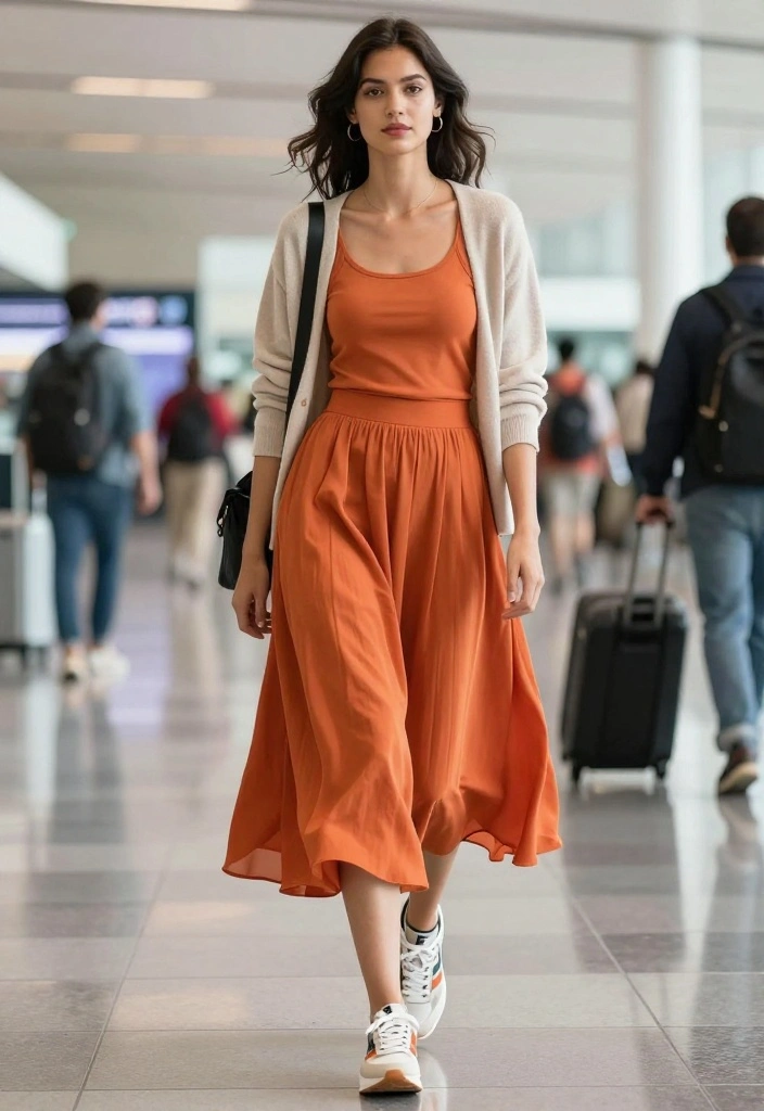 18 Effortless Airport Outfit Ideas for Women That Will Make You the Envy of Fellow Travelers! - 9. Casual Midi Skirts 1