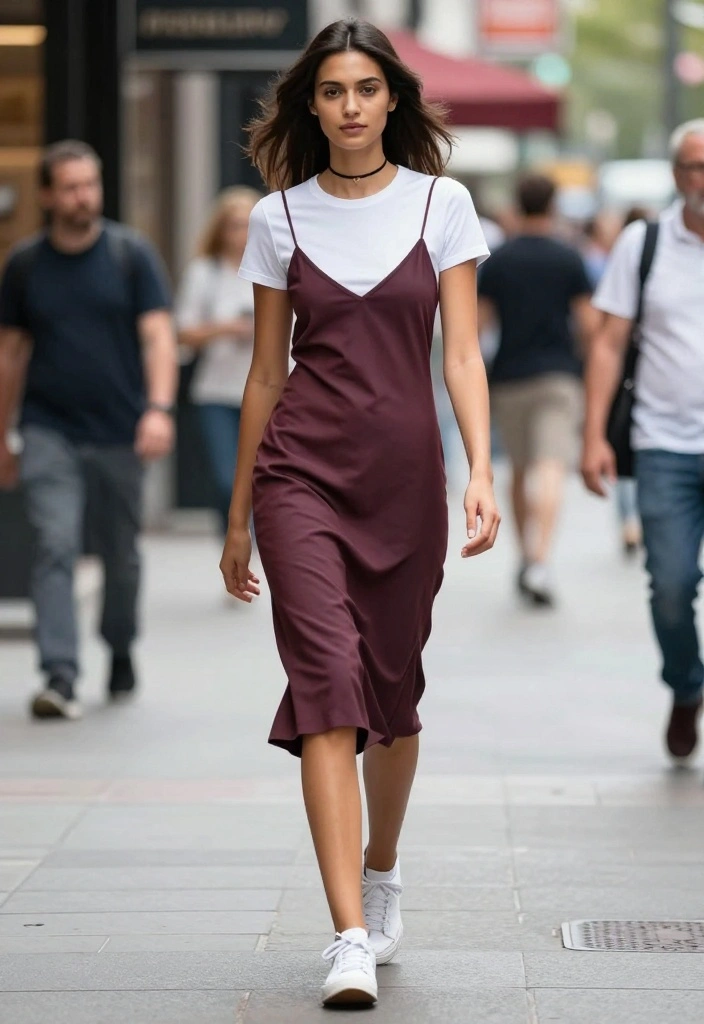 18 Must-Have Downtown Outfit Ideas for Women (Trendsetters Will Love #5!) - 16. Stylish Slip Dress and T-Shirt 1