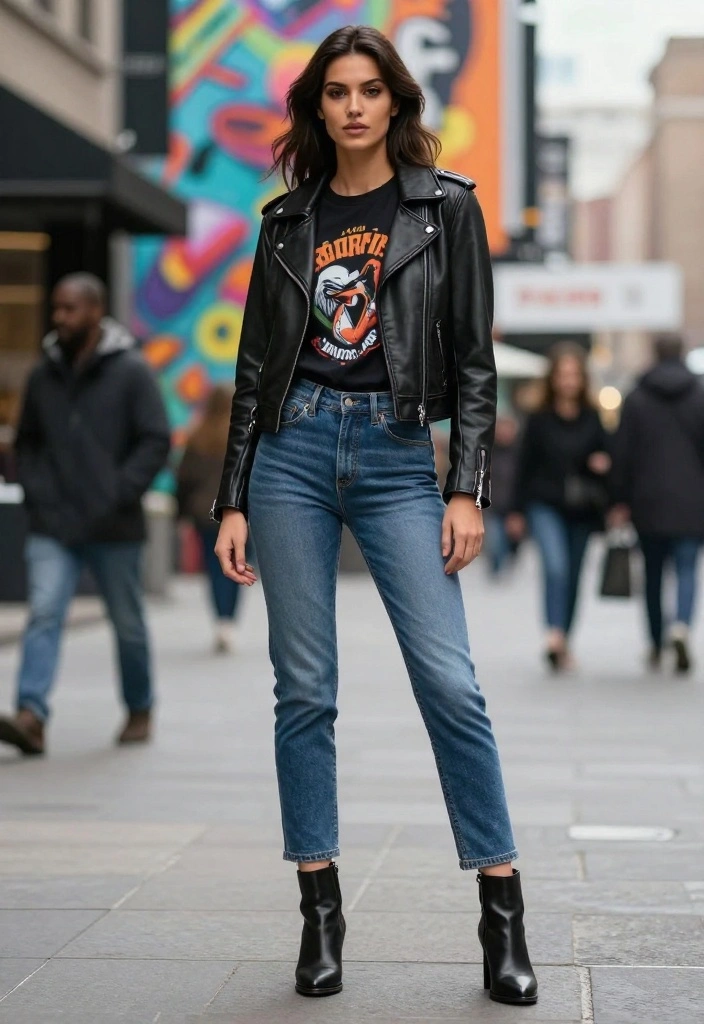 18 Must-Have Downtown Outfit Ideas for Women (Trendsetters Will Love #5!) - 4. Graphic Tee and Leather Jacket 1