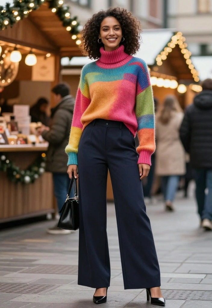 19 Trendy Holiday Outfit Ideas for Women That Are Perfect for Any Occasion! - 11. Colorful Turtleneck Sweater with Wide-Leg Trousers 1